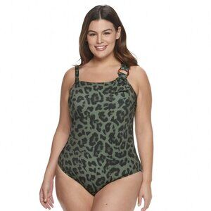 NWT Plus Size EVRI™ Leopard Print One-Piece Swimsuit Green Black Size 4X